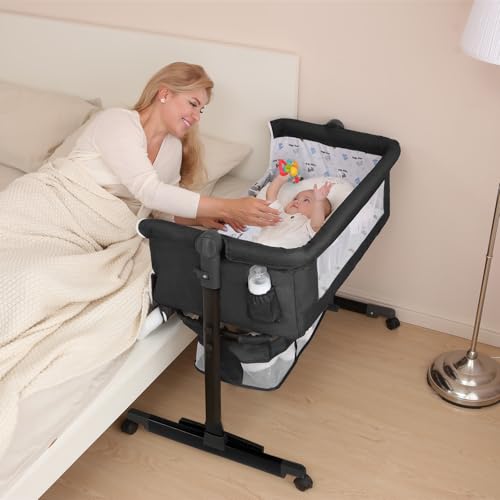 YADAQE Baby Cradle, Freestanding Bedside Bassinet, 3-in-1 Convertible Bassinet with 360° Swivel Wheels, 2026 New Model Adjustable, Easy-Fold Portable Neutral Baby Newborn Bassinet (Dark Gray)
