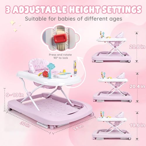 Baby Walker with Wheels, 5-in-1 Foldable Push Walker for Baby Girls 6-12 Months, Baby Walker & Bouncer Combo, Adjustable Height, Music Light Infant Activity Center Bouncer Walker(Pink)