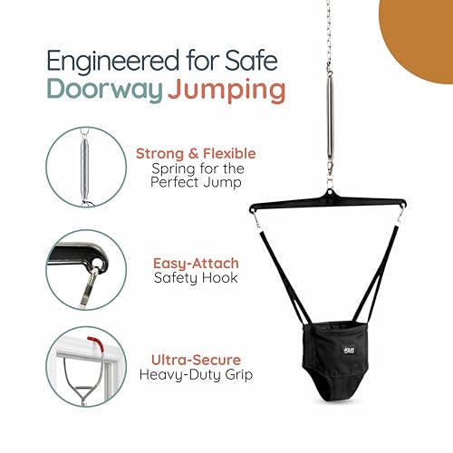 Jolly Jumper Iconic (Black), Doorway Baby Jumper, Indoor Exercise Saddle Seat, Adjustable Height, for Infants up to 28lbs, No Stand Required
