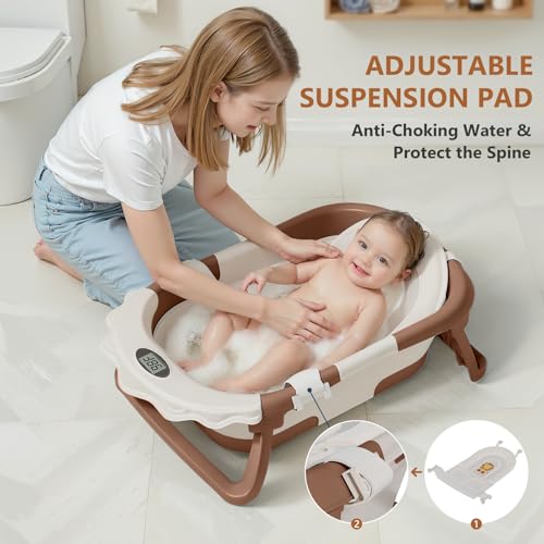 MoreFeel Foldable Baby Bathtub with Thermometer - 4-in-1 Grow-with-Me Collapsible Infant Tub (Newborn to Toddler) with Adjustable Mesh Sling - Space Saving Design