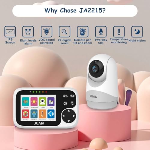 JUAN Baby Monitor with Camera and Audio, No WiFi 100% Private, 1000ft Range Connection, Remote Pan-Tilt-Zoom, Night Vision, Temperature Sensor, 8 Lullabies, 2-Way Talk for Newborn Infant