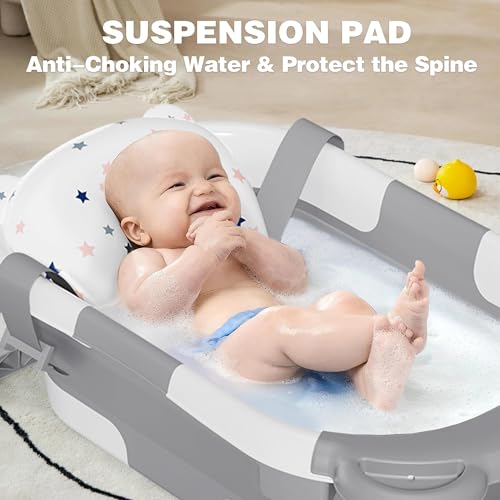 MoreFeel Collapsible Baby Bathtub for Newborn with Thermometer & 1 Hooded Towel & 1 Soft Floating Cushion,Portable Travel Bathtub with Drain Hole, Durable Foldable Baby Tubs for Infants to Toddler