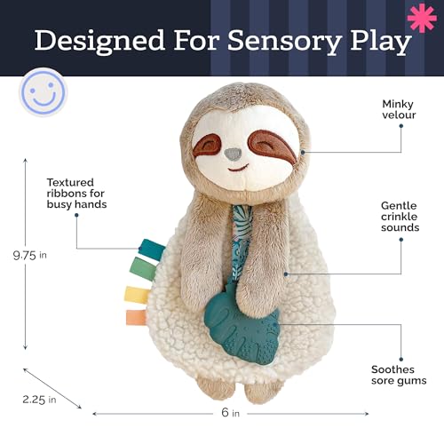 Itzy Ritzy - Itzy Lovey Including Teether - Baby Lovey with Teether, Textured Ribbons & Dangle Arms - Features Crinkle Sound, Sherpa Fabric and Minky Plush (Sloth)