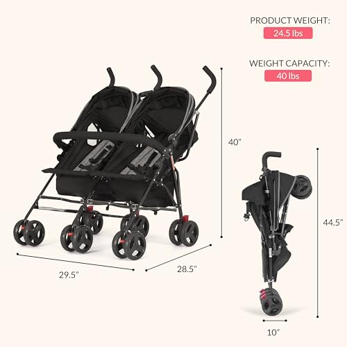 Dream On Me Volgo Twin Baby Stroller, Lightweight Side-by-Side Double Umbrella Stroller with Adjustable Canopy, 5-Point Harness, Storage Basket & Travel-Friendly Fold – Black