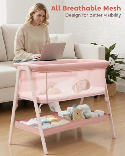 JevrJeur Baby Bassinet, Bedside Bassinet for Baby, Bassinet Bedside Sleeper with Mattress, Storage Basket and 4 Auto-Lock Wheels, Full-Mesh Sides, Bedside Mini Crib for Newborn (Pink)