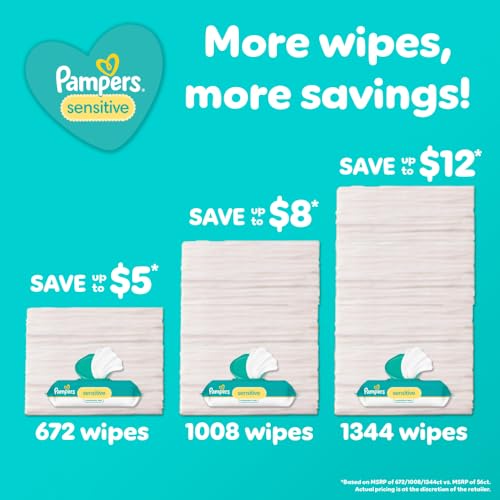 Pampers Sensitive Baby Wipes, Clinically Proven, Fragrance Free, Unscented, Water Based, Hypoallergenic, Multi-Use, Hand Wipes 336 Wipes Total (6X Flip-Top Packs) [Packaging May Vary]