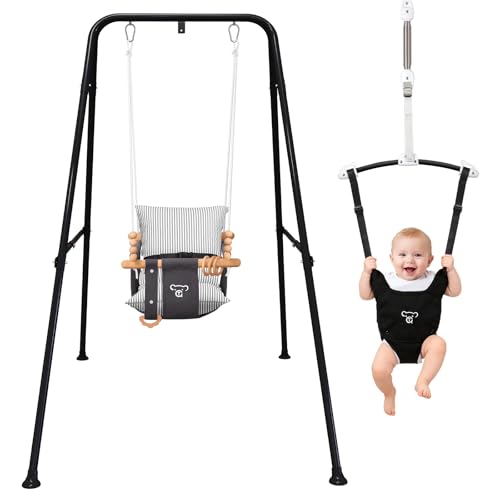 2-in-1 Baby Jumper & Swing - Foldable Stand, Stable Toddler Swing Set for Indoor & Outdoor Use (Black)