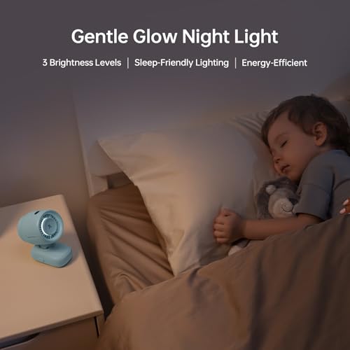 JISULIFE 2026 Stroller Fan – Small & Stylish with 38H Cooling, Soft Night Light, One‑Click Detachable for Stroller or Desk, Safe Baby Fan for Crib Car Seat Nursery Travel, Gifts for Baby Mom (Blue)