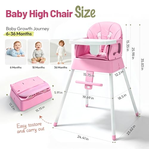 5 in 1 Foldable Baby High Chair,Convertible Highchair for Babies and Toddlers-Portable Infant Booster Seat,Foldable Dining Chair,Toddler High Chair with 5-Point Harness,Removable Tray (Pink)