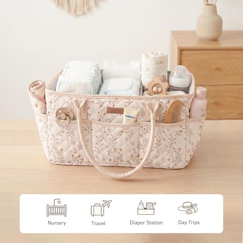 Konssy Floral Quilted Diaper Caddy Organizer, Diaper Caddy Basket with PU Leather Handles, Water-Repellent Nursery Storage Basket, Portable Car Organizer, Registry Search Must Haves (Floral)