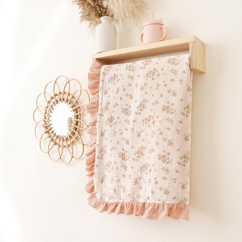Konssy Flounce Muslin Baby Blanket for Girls Boys, 100% Cotton Soft Crib Swaddle Blankets, Reversible & Breathable Nursery Bedding for Newborns Toddlers, 43 x 39 Inches (Blossom)