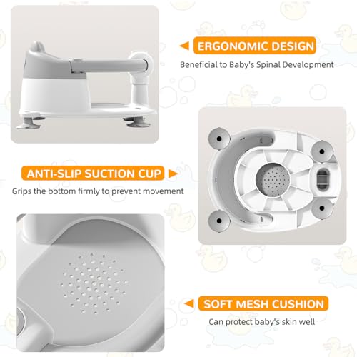 Baby Bath Seat for Babies 5-10 Months, Non-Slip Toddler Bath Seats for Babies Sitting Up, Safe Infant & Newborn Bathtub Chair with 4 Suction Cups & Soft Cushion for Shower,Gray