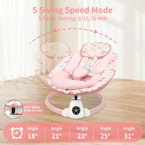 Baby Swing for Infants with 5 Swing Speeds, Portable Electric Baby Swing with Bluetooth, Touch Panel, 5-Point Harness, Indoor & Outdoor Use, Pink