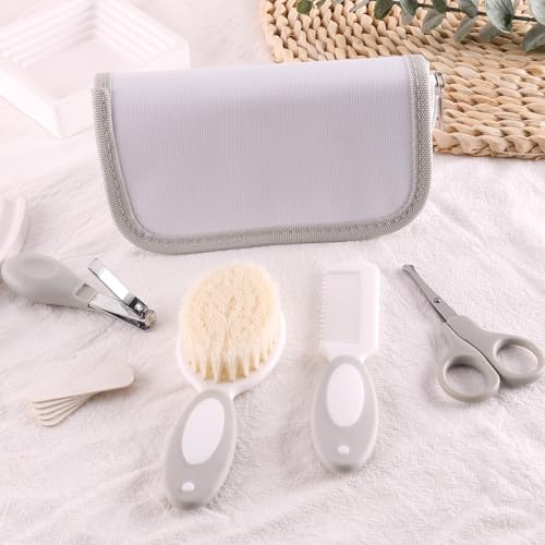 Baby Grooming Kit with Storage Pouch Baby Brush Soft Bristles 5 pcs-Infant Brush, Rounded Comb, Safety Scissors, Nail Clippers & Emery Board -Health Care Kit for Newborns & Toddlers Gray