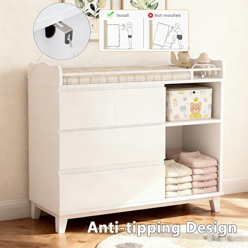 Einhomn Baby Changing Table Top, Multi-Functional Nursery Changing Table, 4 Drawers with 2 Open Shelves, Bedroom, White