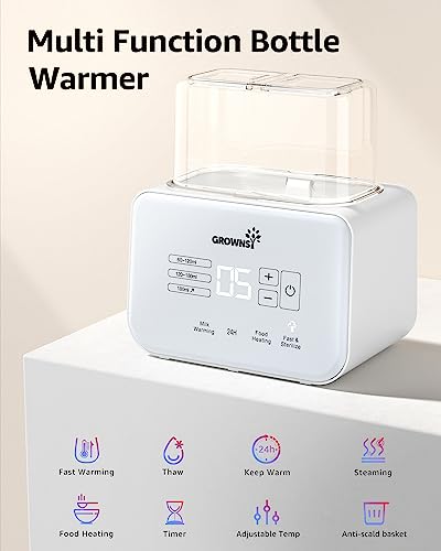 Baby Bottle Warmer, Grownsy 8-in-1 Fast Milk Warmer with Timer Breastmilk or Formula, Fits 2 Bottles, Accurate Temperature Control, with Defrost, Sterili-zing, Keep, Heat Baby Food Jars Function