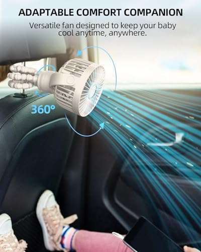 Portable Stroller Mini Fan, Small Rechargeable Personal Fan, Travel Essentials for Baby, Wagon, Car Seat, Treadmill, Battery Powered Biking Gear Accessories, 360° Rotation, 3-Speed, Display, Beige