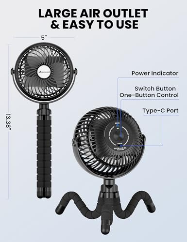 AMACOOL Baby Stroller Fan - 5000mAh Rechargeable, 3-Speed, Strong Yet Quiet, 360°Rotate Portable Clip on Fan for Travel, Car Seat, Crib, Bike, Treadmill, Beach Vacation Essentials