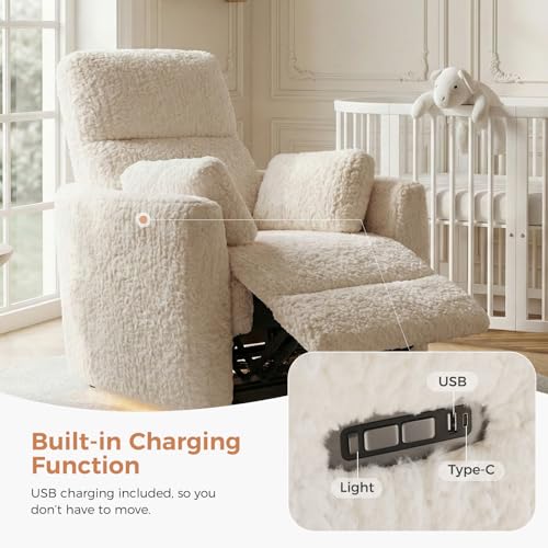 HUSFU Power Swivel Rocker Recliner Chair, Nursery Glider Rocking Chair for Adults with Nightlight and USB & Type-C Ports, Comfy Plush Recliner Chairs for Living Room, Bedroom, Cream
