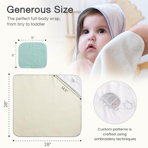 Softan Baby Hooded Towels and Washcloths Set 6 Pack, 28x28 Ultra Soft & Absorbent Baby Bath Towels for Newborn Infant Toddler, Unisex Boys Girls (Green Elephant)