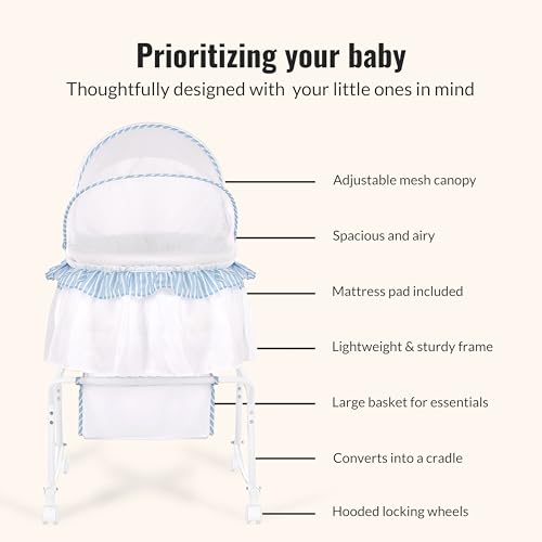 Dream On Me Lacy Portable 2-in-1 Bassinet & Cradle with Full Canopy, Storage Basket, Locking Wheels, Lightweight Frame, BSA Certified, Includes 1” Mattress Pad-Pink an White