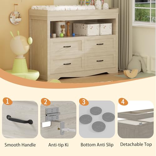 QUNTTINA Baby Changing Table with Changing Table Top for Infants Nursery Dresser Chest with 4 Drawers Storage Changing Station Dresser with LED Light Diaper Changing Station Nursery Organizer,Beige