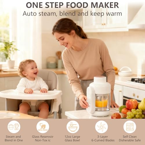 Dorfly Baby Food Maker Glass 12oz Steamer and Blender Glass Reservoir & Bowl 9 in 1 Baby Puree Maker with Stainless Steel Blades Dishwasher Safe Food Blender, Timer, Recipe
