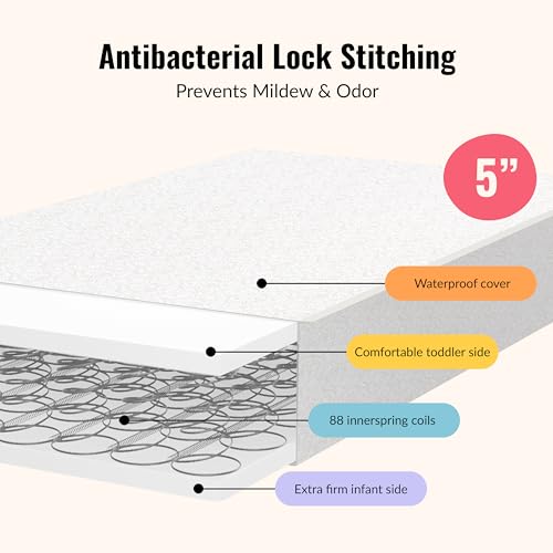 Dream On Me Twilight 5” Crib & Toddler Bed Mattress, Platinum, 88 Coil Innerspring Support, Waterproof & Stain-Resistant Vinyl Cover, Greenguard Gold & BSA Certified, Made in USA