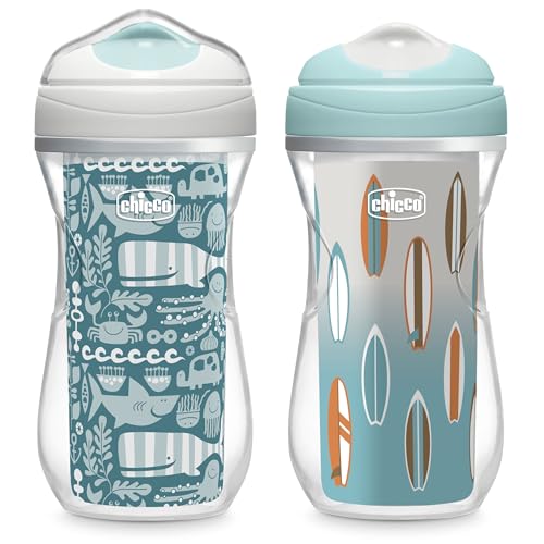 Chicco Insulated Sippy Cup 12+ Months, 9oz Toddler Training Cup with Bite-Resistant No-Spill Rim Spout, Double-Wall, BPA-Free, 2-Pack, Ocean Print/Surf