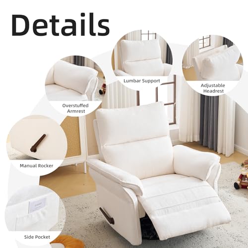 Rhevoy Oversized Recliner Chair, 26" Extra Wide 360° Swivel Rocker Recliner with Adjustable Headrest, Chenille Glider Rocking Nursery Chair with Overstuffed Armrest, Lumbar Support, White