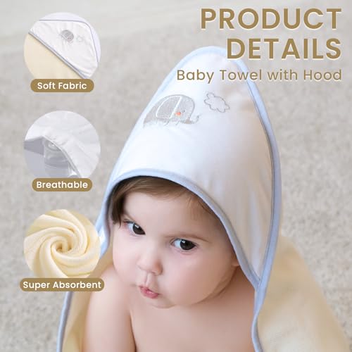 Softan Baby Hooded Towels and Washcloths Set 6 Pack, 28x28 Ultra Soft & Absorbent Baby Bath Towels for Newborn Infant Toddler, Unisex Boys Girls (Green Elephant)