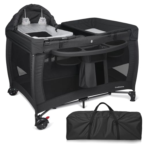 Cradlecare 5 in 1 Pack and Play with Bassinet & Changing Table, Portable Foldable Playpen for Babies and Toddlers with Locking Wheels & Diaper Storage, Easy Fold Travel Playard (Black)