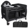Cradlecare 5 in 1 Pack and Play with Bassinet & Changing Table, Portable Foldable Playpen for Babies and Toddlers with Locking Wheels & Diaper Storage, Easy Fold Travel Playard (Black)