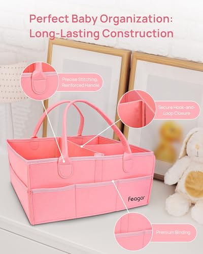 Feagar Baby Diaper Caddy Organizer, 15 Inch Large 2 Pack Set with 8 Pockets & 2 Dividers, Portable Nursery Storage Basket & Car Organizer for Changing Table, Travel (Pink)
