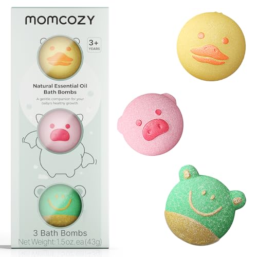 Momcozy Natural&Organic Essential Oil Bath Bombs,3 Pcs Bubble Bath Fizzy Balls with 3 Cute Shapes,Bath Bombs Gift Set for Kids Girls Boys Toddler, Ideal Gift for Birthday, Bath Bomb Kit
