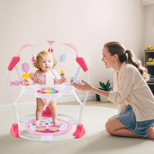 HONEY JOY Baby Bouncer Activity Center, Infant Jumper and Table w/ 360° Rotary Seat, 3 Adjustable Heights, Mat, Music, Lights, Sounds & Developmental Toys, Activity Center for Babies (Pink)