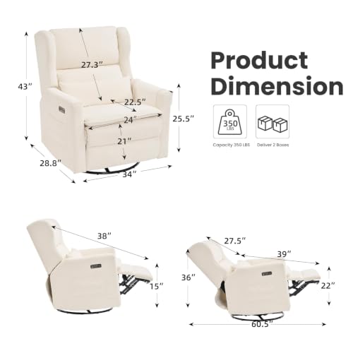 RUTOX Power Recliner Chair Swivel Glider with Adjustable Headrest，Oversized Swivel Rocker Recliner with Lumbar Support, Upholstered Nursery Glider Recliner for Living Room,White