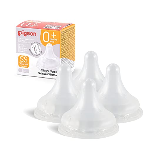 Pigeon Silicone Nipple (SS) with Latch-On Line, Breastlike Natural Feel, Newborn Super Slow Flow, 0+ Months, 4 Counts