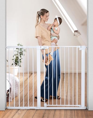 COMOMY 36" Extra Tall Baby Gate for Stairs Doorways, Fits Openings 29.5" to 48.8" Wide, Auto Close Extra Wide Dog Gate for House, Pressure Mounted Easy Walk Through Pet Gate with Door, White
