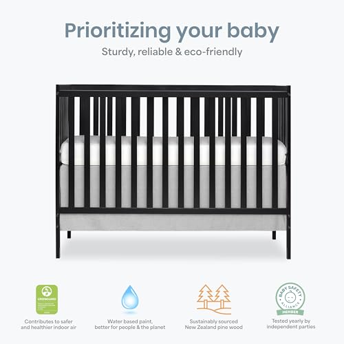 Dream On Me Synergy 5-in-1 Convertible Full-Size Baby Crib with Toddler, Day & Full Bed Conversion in Black, GreenGuard Gold & BSA, 3 Mattress Heights, Sustainable Pinewood