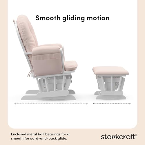 Storkcraft Premium Hoop Glider & Ottoman (White/Pink) — GREENGUARD Gold Certified Nursery Glider, Solid Wood Craftsmanship, Smooth-Gliding Nursery Chair and Ottoman, Award-Winning
