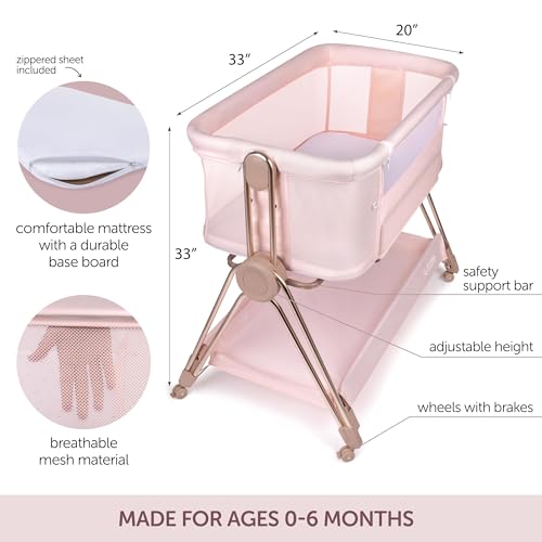 KOOLABABY Baby Bedside Sleeper - Bassinet & Bedside Crib with Height Adjustment & Wheels - Can Be Placed Next to Bed - Attaches to Parents Bed - Easy to Fold & Carry Bassinet for Girls (Pink)