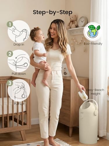 Grownsy Baby Diaper Pail, Odor-Locking Roll-Top Design, No Special Bag Required, One-Handed Use & Compact Design, Eco-Friendly Diaper Trash Can, Baby Stuff, Beige