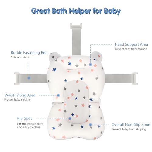 Colorlife Baby Bath Seat Support Net Infant Bathing Seat Support Mat, Adjustable Comfortable Non-Slip Three-Pointed Baby Shower Net Bathtub Sit Up Mesh for Newborn 0-12 Months-Star(No Bathtub)