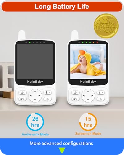HelloBaby No WiFi Baby Monitor with Voice-Activated Night Vision,4" IPS Camera and Audio, 2-Way Talk and PTZ, 26H Battery and 1000ft Range, Portable for Nursery and Travel