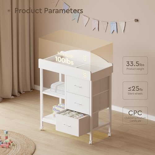 YeTom Changing Table Dresser, Baby Dresser with 3 Fabric Drawers and 2 Shelves, Multi-Functional Baby Changing Table with Pad, Classic Nursery Dresser, Diaper Changing Station for Nursery, White