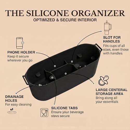Universal Silicone Stroller Organizer with Cup Holders | Waterproof, Easy-Clean, BPA-Free Caddy with Organized Interior | Anti-Slip Straps fit Uppababy, Nuna, Doona & Most Strollers | roo go