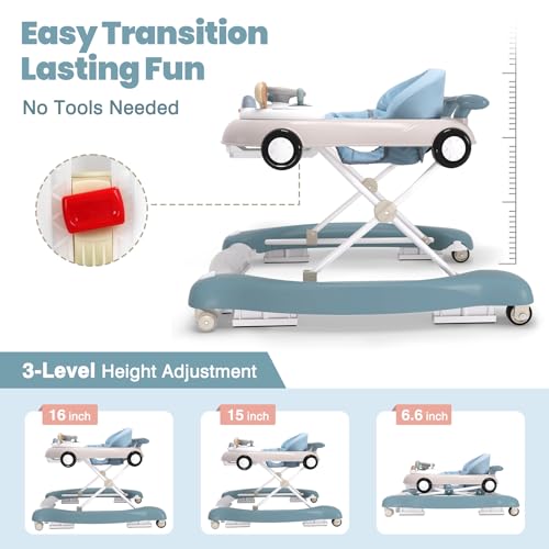5-in-1 Convertible Baby Walker with Steering Wheel Music Activity Center – Infant Rocker, Jumper, Push Walker, Bouncer & Feeding Foldable Walker for Ages 6-18 Months Boys Girls (Haze Blue)