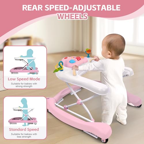 Foldable Baby 5-in-1 Activity Walker - Rocker, Activity Center, Bouncer, Seat Walker, Push Walker - Adjustable Speed Rear Wheels and Height Toys Ages 6-18 Months(Pink)