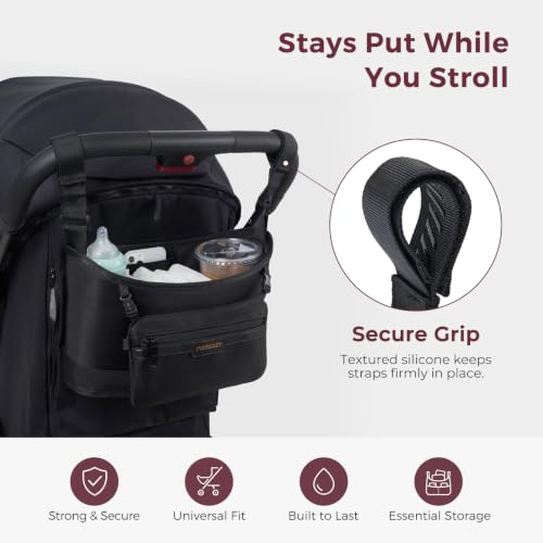 Momcozy Universal Stroller Organizer, Slim Stroller Caddy with 2 Insulated Cup Holders, Non-Slip Silicone Straps, Detachable Mini Pouch, Dense-Weave Parent Console for UPPAbaby, Doona, Graco & More